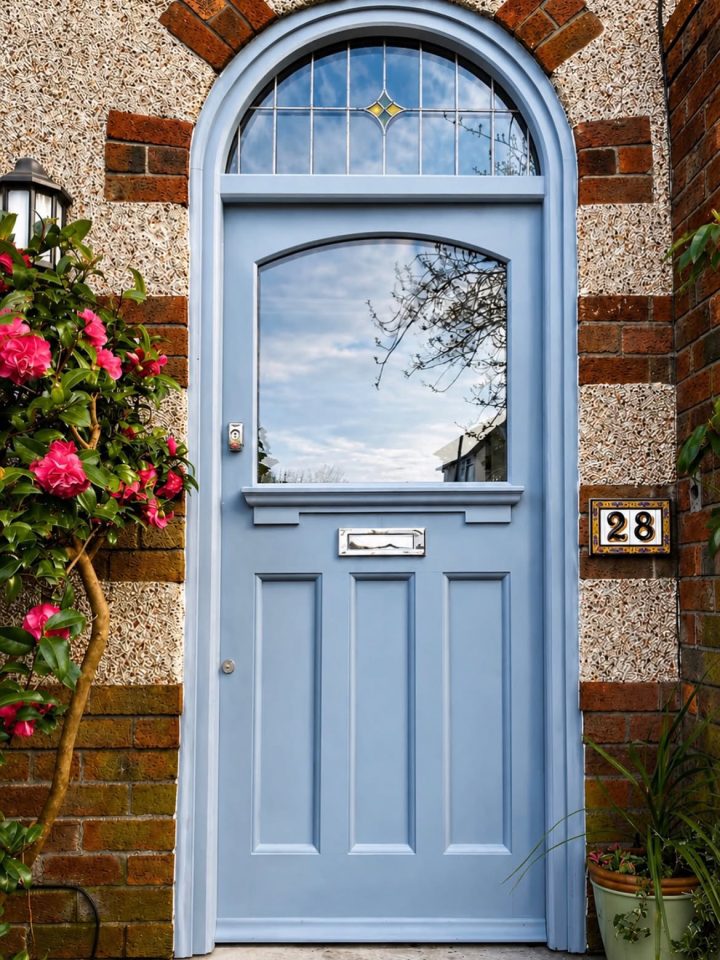 Blue Arched Glass Door with Pink Camellia