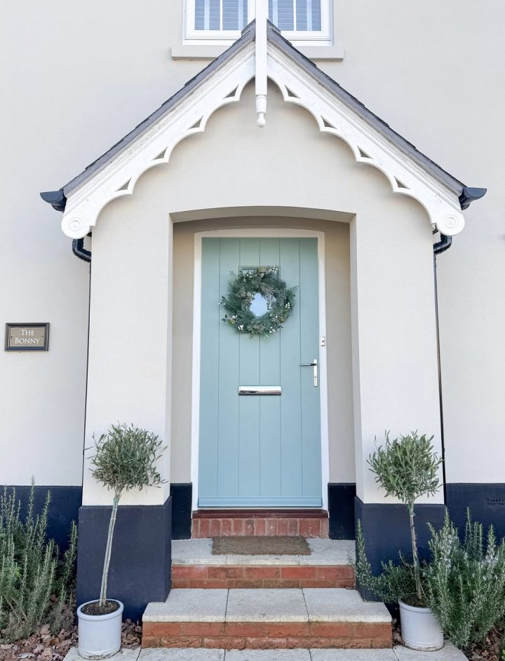 Sage Blue Cottage Entry with Gothic Scalloped Trim