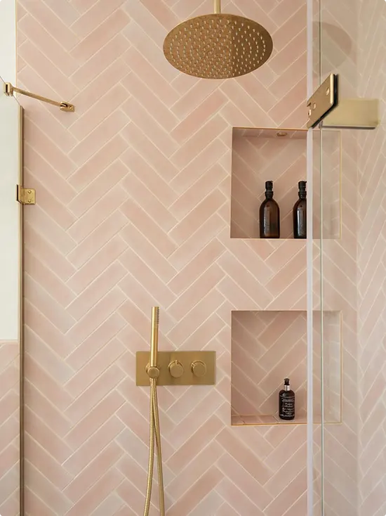 Blush Pink Herringbone Shower Tile