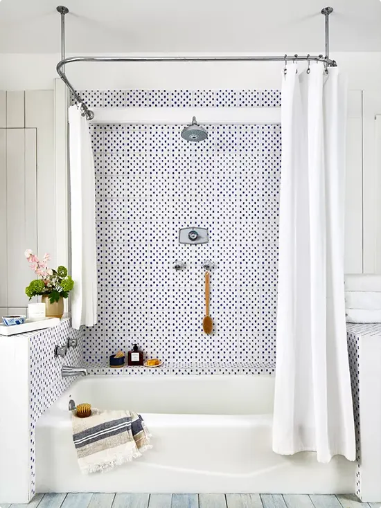 Curtain Rod Over Navy Mosaic Tub