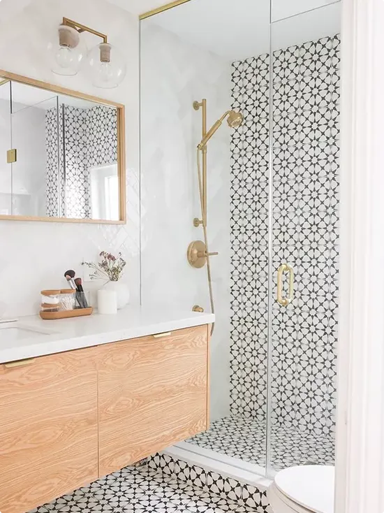 Natural Wood and Geometric Tile Bathroom