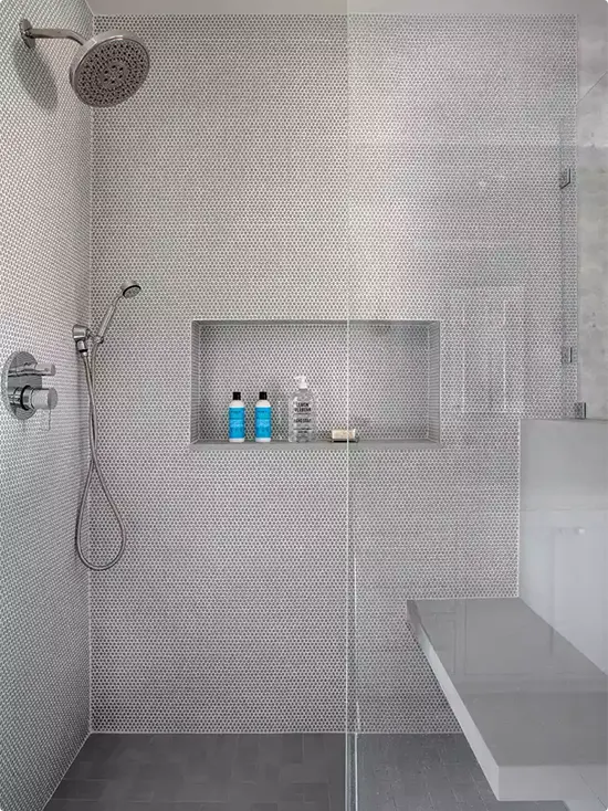 Soft Gray Penny Tile Shower
