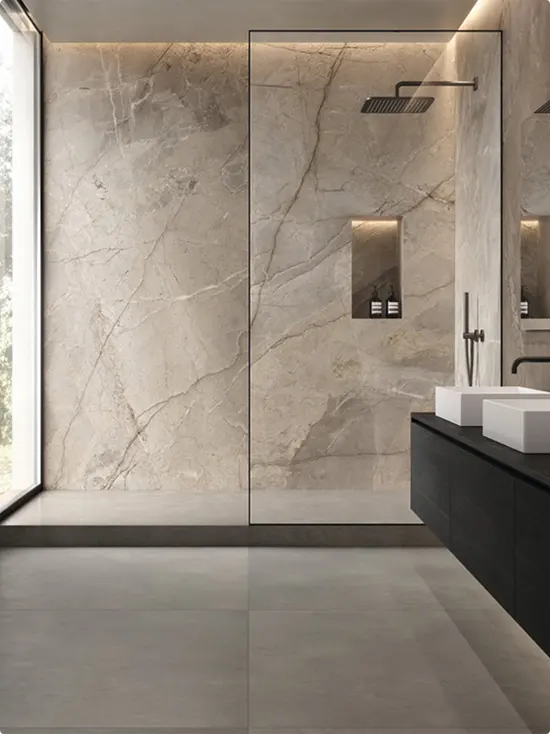 Warm Beige and Gray Marble Shower Walls
