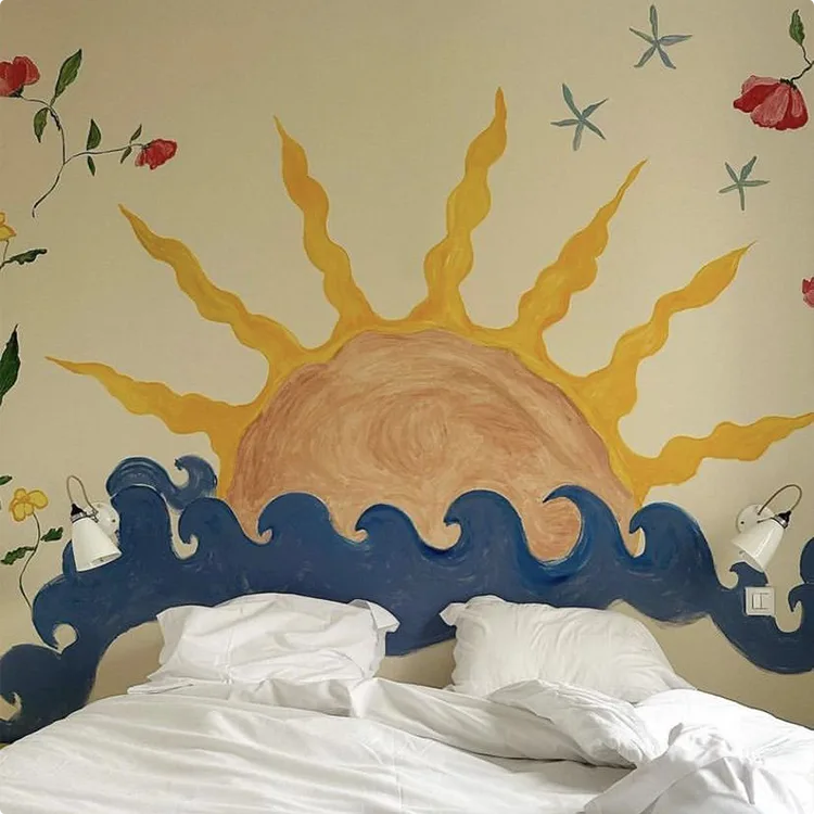 Warm Cream Wall Mural with Sun Waves Florals and Starfish