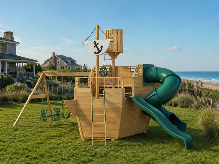 Beachside Play Set with a Large Wooden Pirate Ship