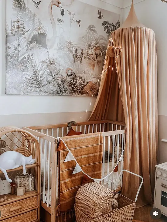 Earthy Canopy Nursery with a Tropical Mural