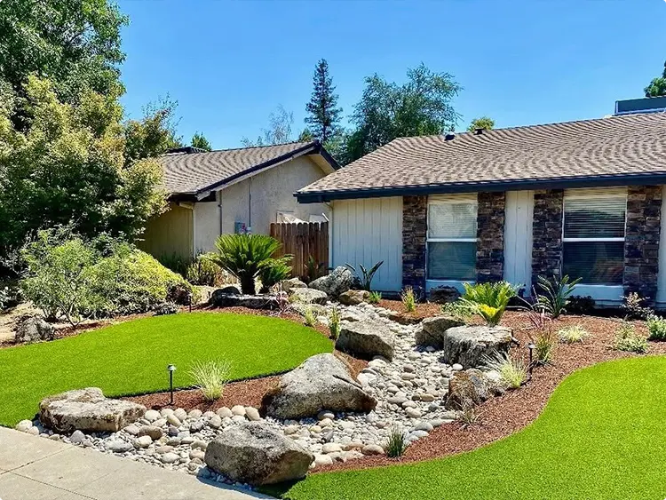 Front Yard with Dry Creek and River Rock Boulders