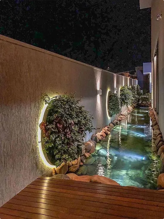 Lit Water Channel and Arched Planter