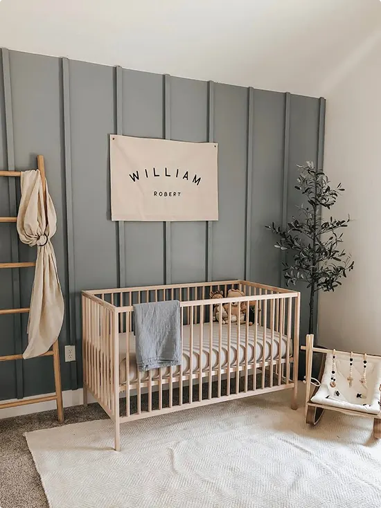Nursery Name Banner with Slate Blue Batten Paneling