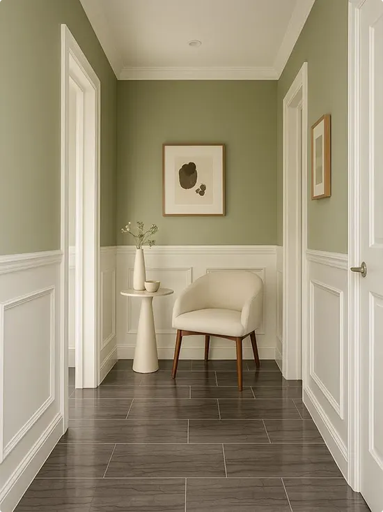 Sage Green Hallway with White Wainscoting