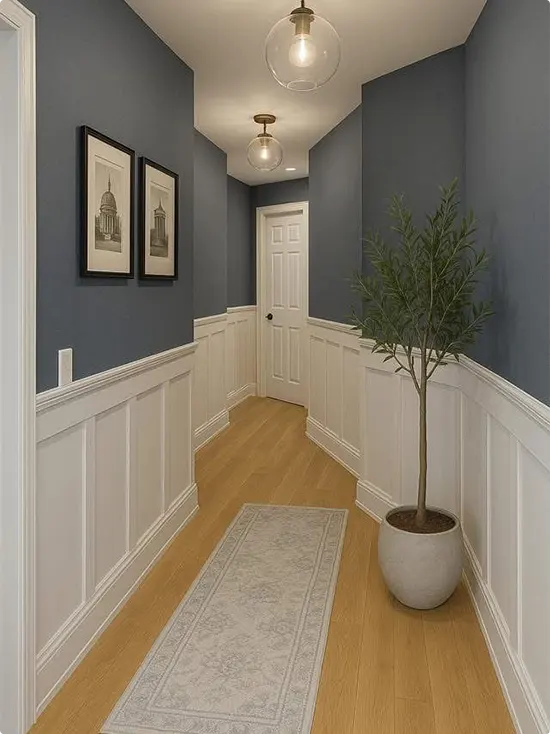 Slate Blue Hallway with White Paneling