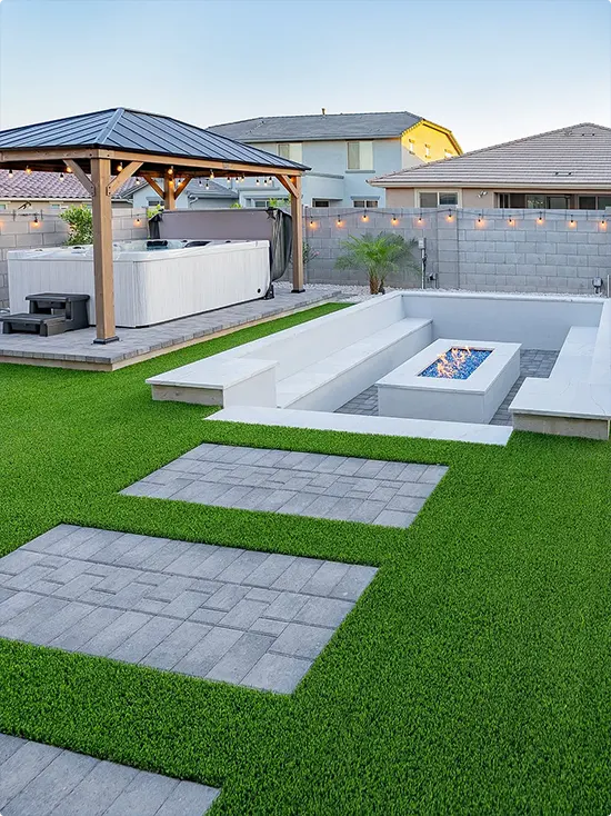 Sunken White Lounge with Fire Pit and Gazebo