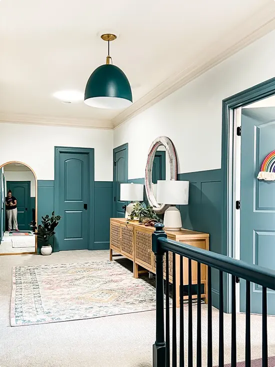 Teal and White Hallway with Board-and-Batten