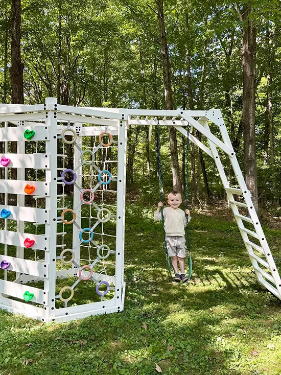 White Metal Climbing Wall Frame with Swing on Slanted Bar