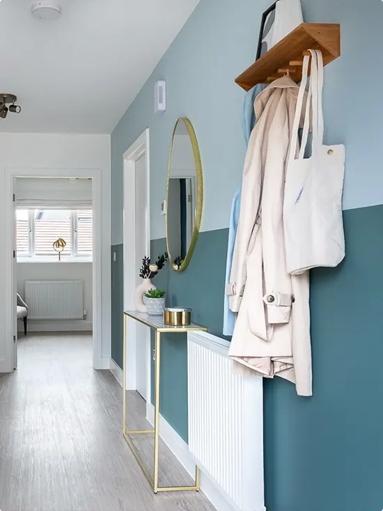 White Upper Hallway with Duck Egg Blue Wainscoting