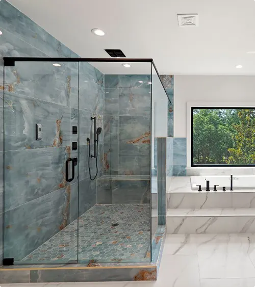 Blue Gray Stone Tile with Black Glass Enclosure