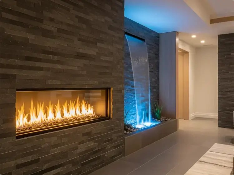 Blue-Lit Water Feature and Corner Fireplace