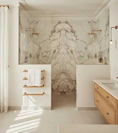 Book-Matched White Marble Slab and Rose Gold Fixture