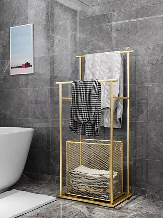 Freestanding Gold-Toned Metal Rack with Basket