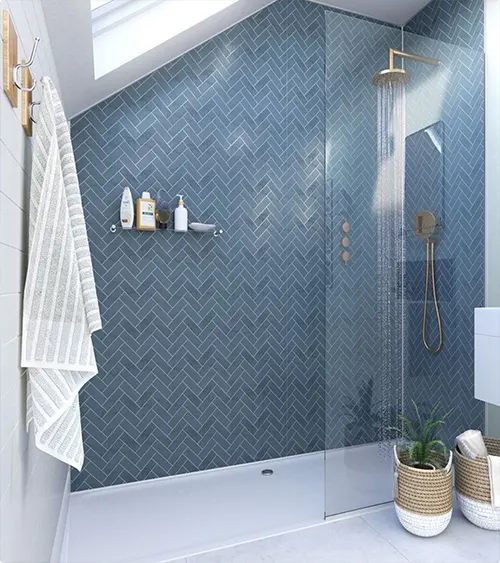 Gold-Accented Navy Blue Herringbone Shower