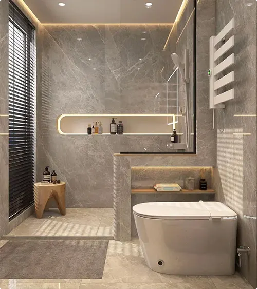 Gray Marble Slab Walls with Gold Perimeter Lighting