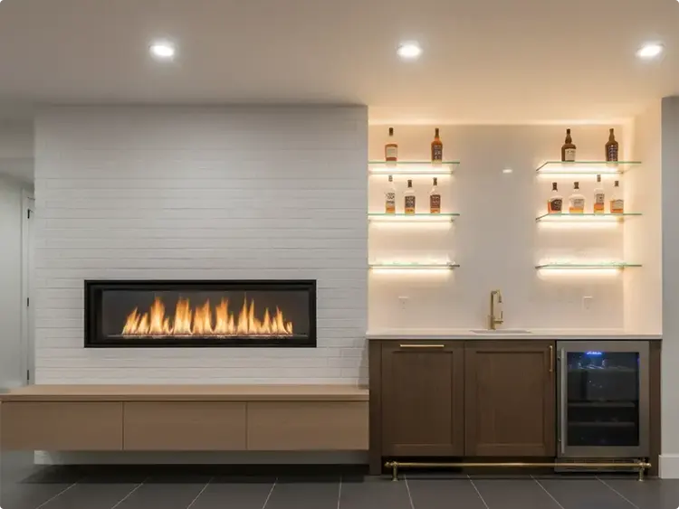 Horizontal Plank Fireplace Wall with Bar