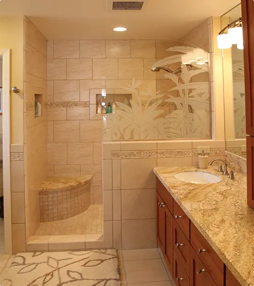 Large Beige Shower Tile with Tropical Glass