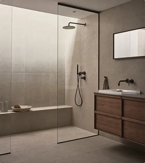 Large Concrete Look Tile and Wood Vanity