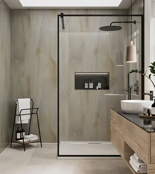Large Pale Wood Tile and Black Shower Details