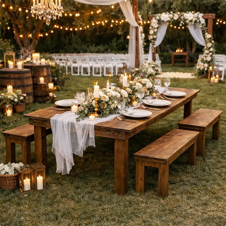 Long Dark Wood Farm Table with Gauze Candles and Floral Garland