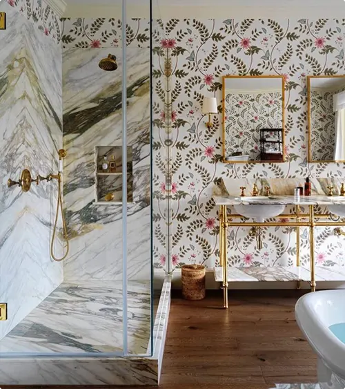 Marble Shower with Floral Wallpaper
