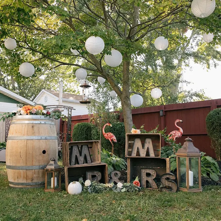Mr & Mrs Metal Marquee Letters and Tree Display with Lanterns