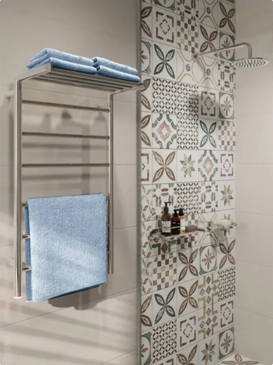 Silver Heated Towel Rack with Top Shelf