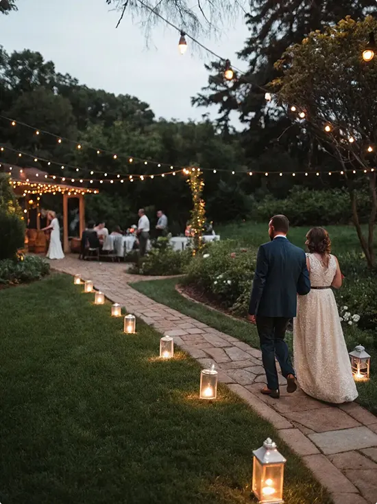 Stone Garden Path with Lanterns and String Lights at Dusk