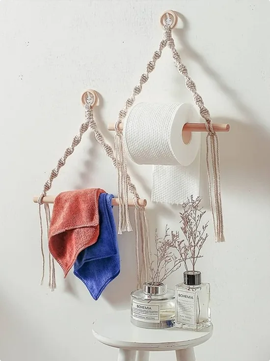 Two Wall-Mounted Macramé Hangers with Wood Dowels