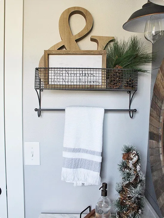 Wall-Mounted Wire Basket Shelf and Black Rod Towel Bar
