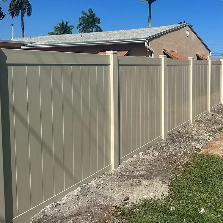 Warm Taupe-Gray Vertical Vinyl-Style Privacy Fence