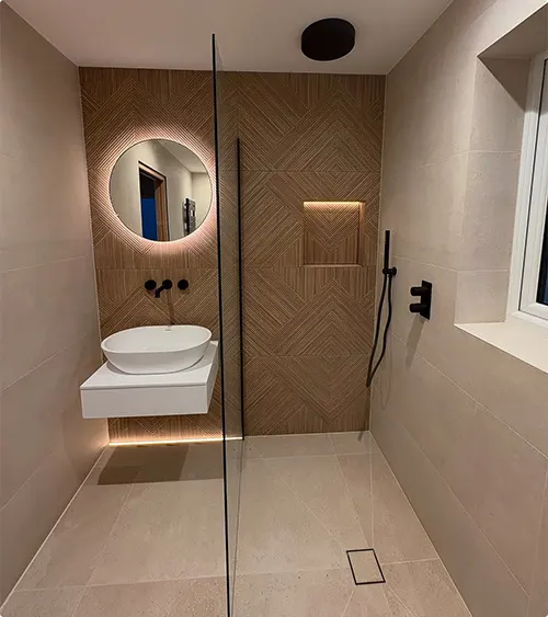 Wood-Look Shower, Geometric Pattern, Backlit Mirror