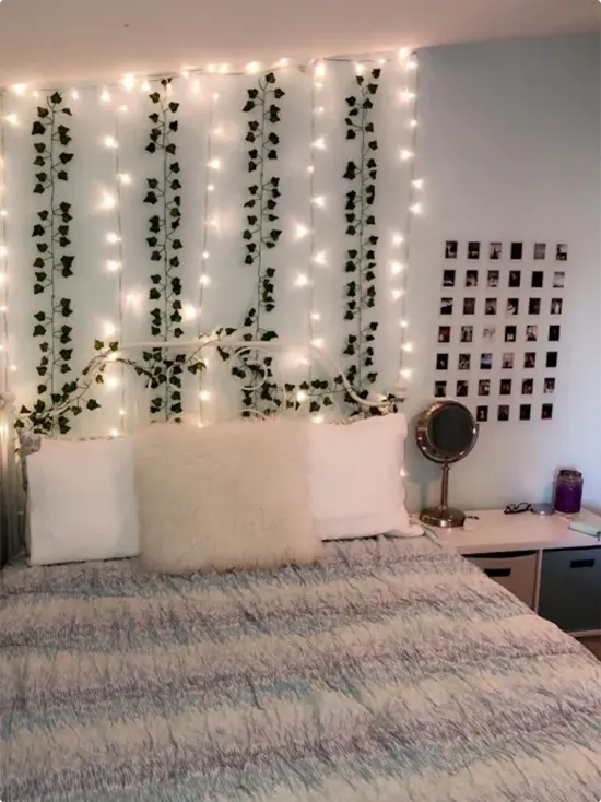 Behind-Bed Ivy Curtain and Side-Wall Polaroid Grid