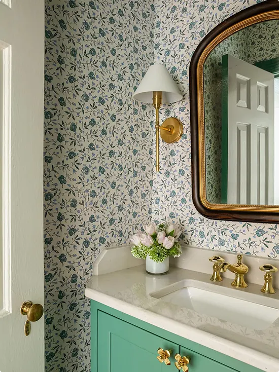 Blue and White Ditsy Floral Wallpaper with Teal Vanity