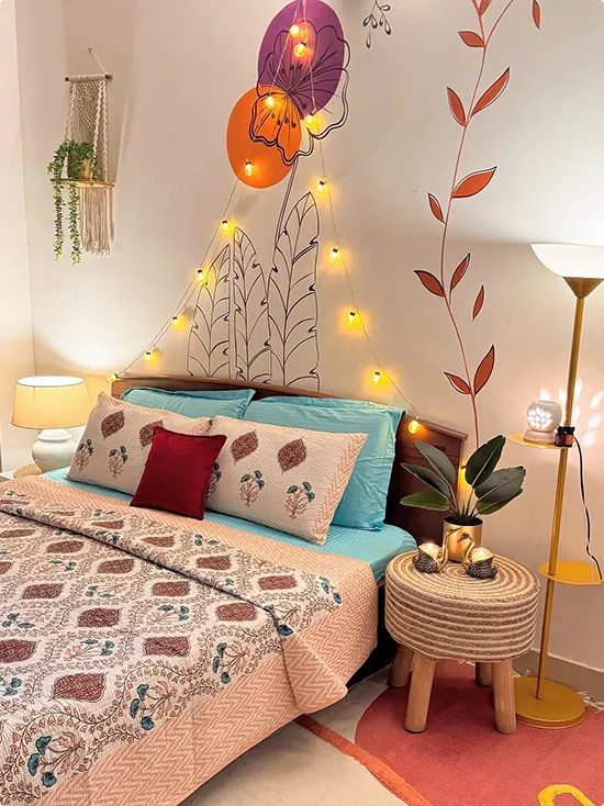 Botanical Vine Mural and String Lights