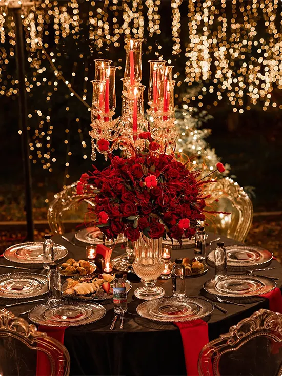 Crystal Candelabra and Dense Red Roses