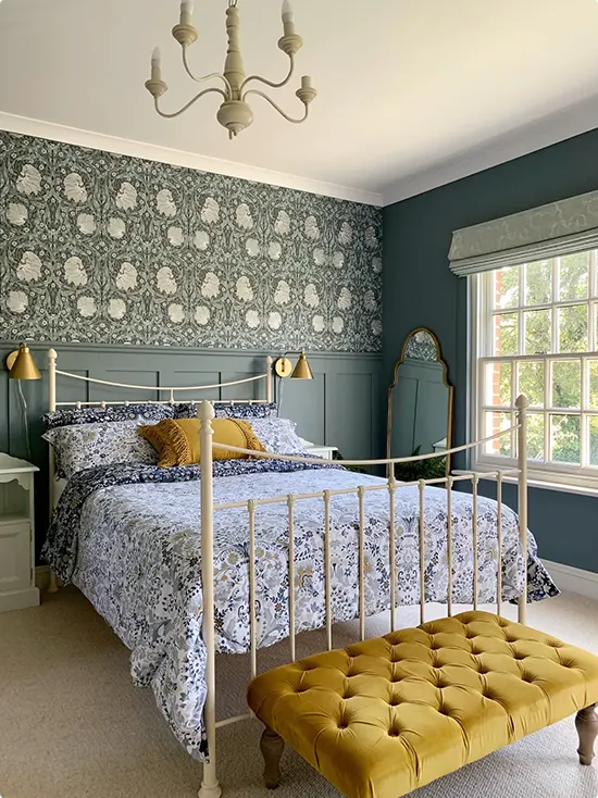 Dark Green Florals over Sage Wainscoting