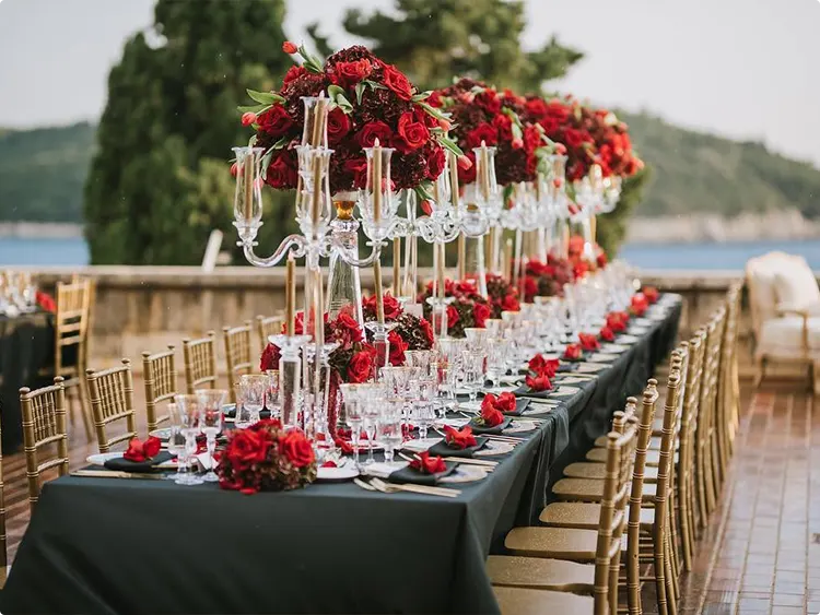 Dark Green Linen Table with Rose Candelabra