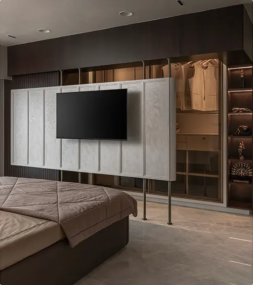Floor-to-ceiling wall panels and right-side backlit shelves