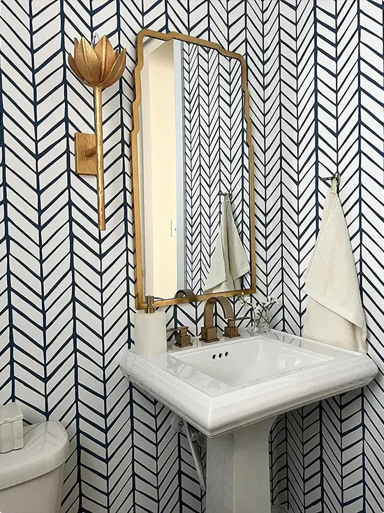 Navy and White Herringbone Powder Room