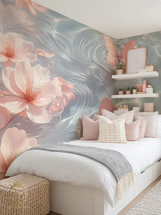 Oversized Blush Cherry Blossom Mural on Blue-Gray Water Ripples