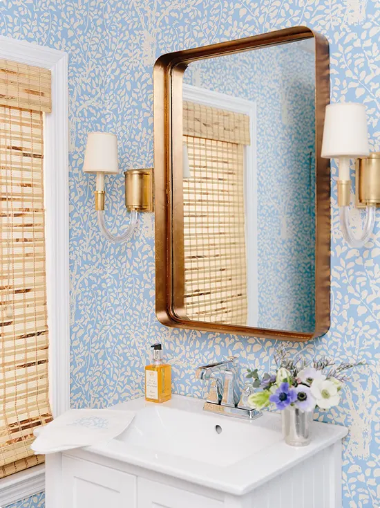 Pale Sky Blue and White Leaf Window Treatment with Bamboo Roller Shades