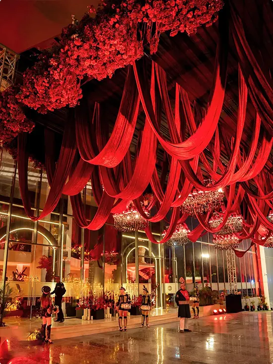Red Fabric Ceiling at Venue Entrance