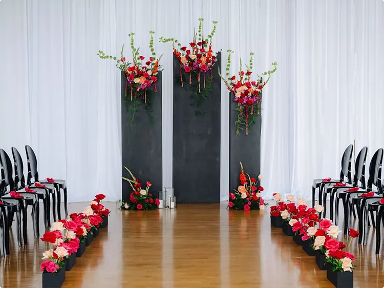 Tall Black Ceremony Backdrop and Petal Runner